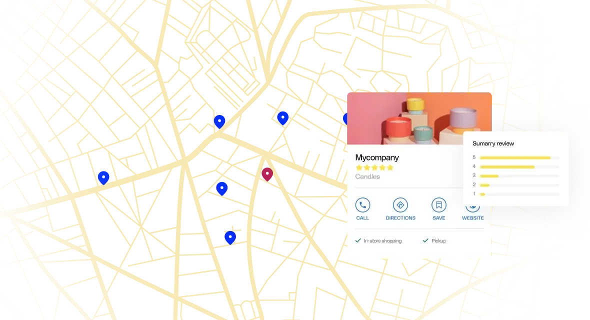 Lokale kaart met markeringen en een Google-bedrijfsprofiel