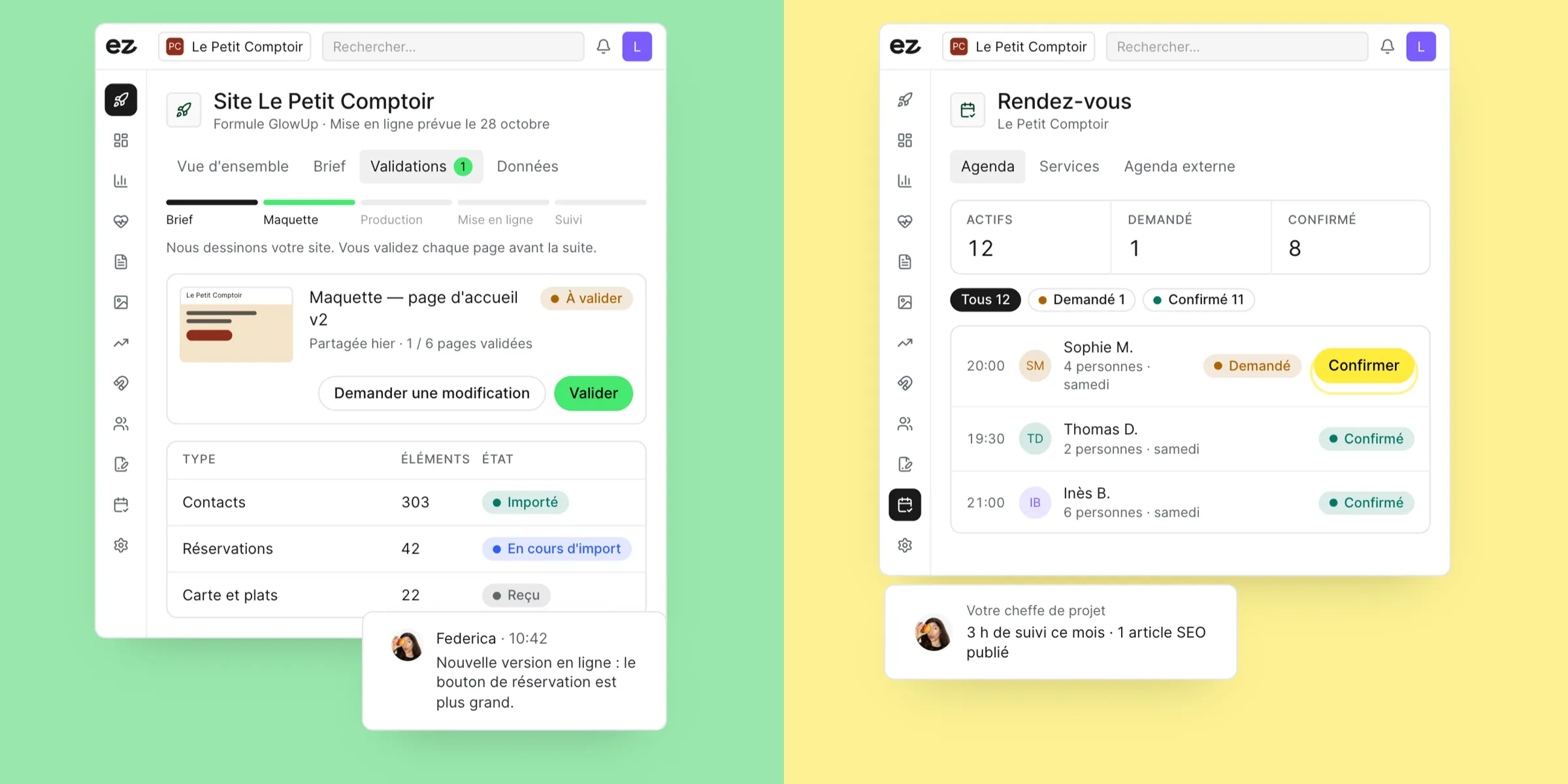 L'espace projet et le tableau de bord Eazyclick : validations, reprise des données et rendez-vous