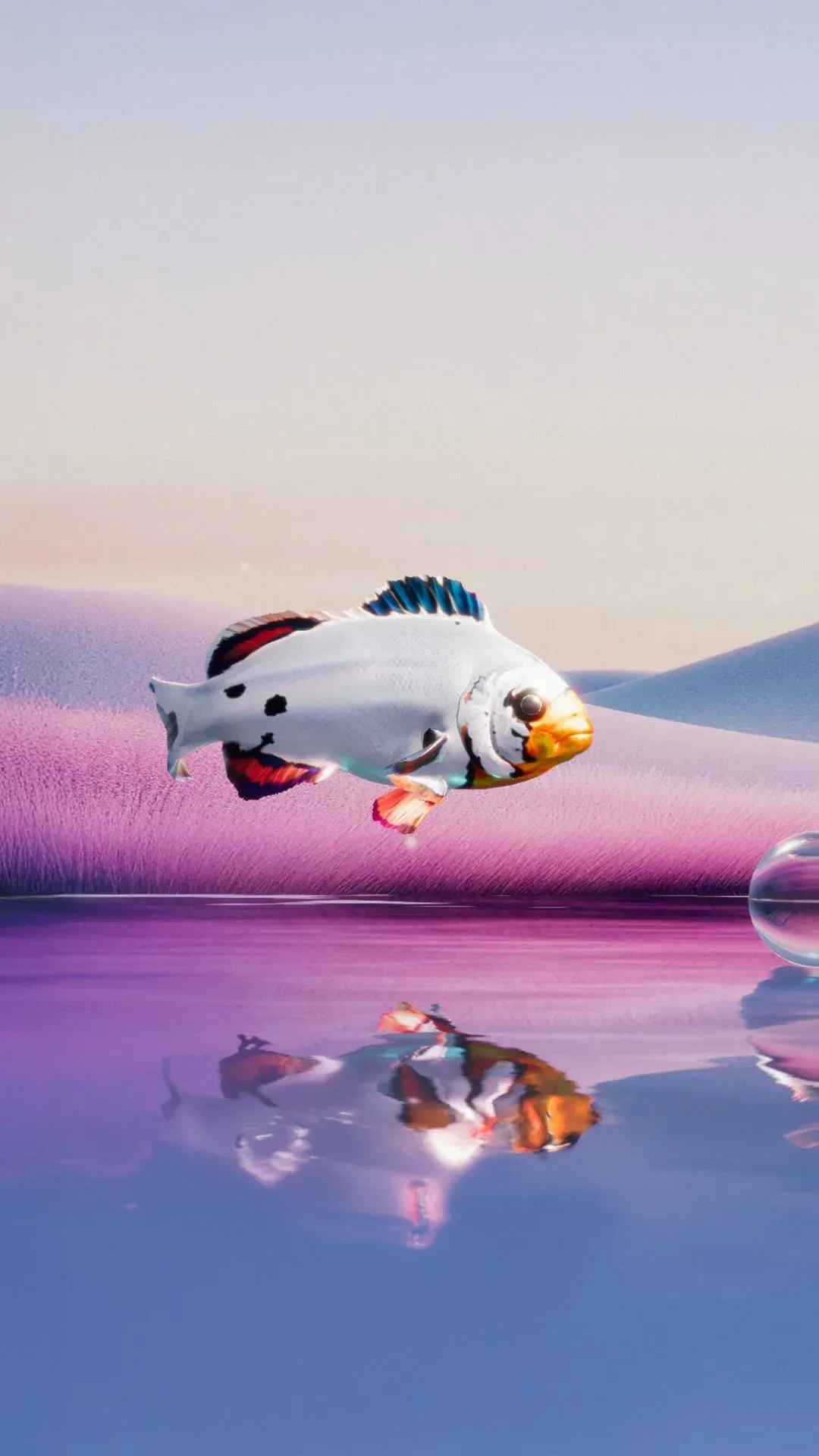 Illustration 3D d'un poisson qui flotte au-dessus d'un lac rose au coucher du soleil