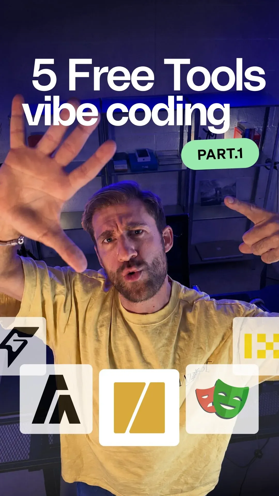 Reel « 5 Free Tools vibe coding », partie 1, présenté face caméra avec les logos des outils