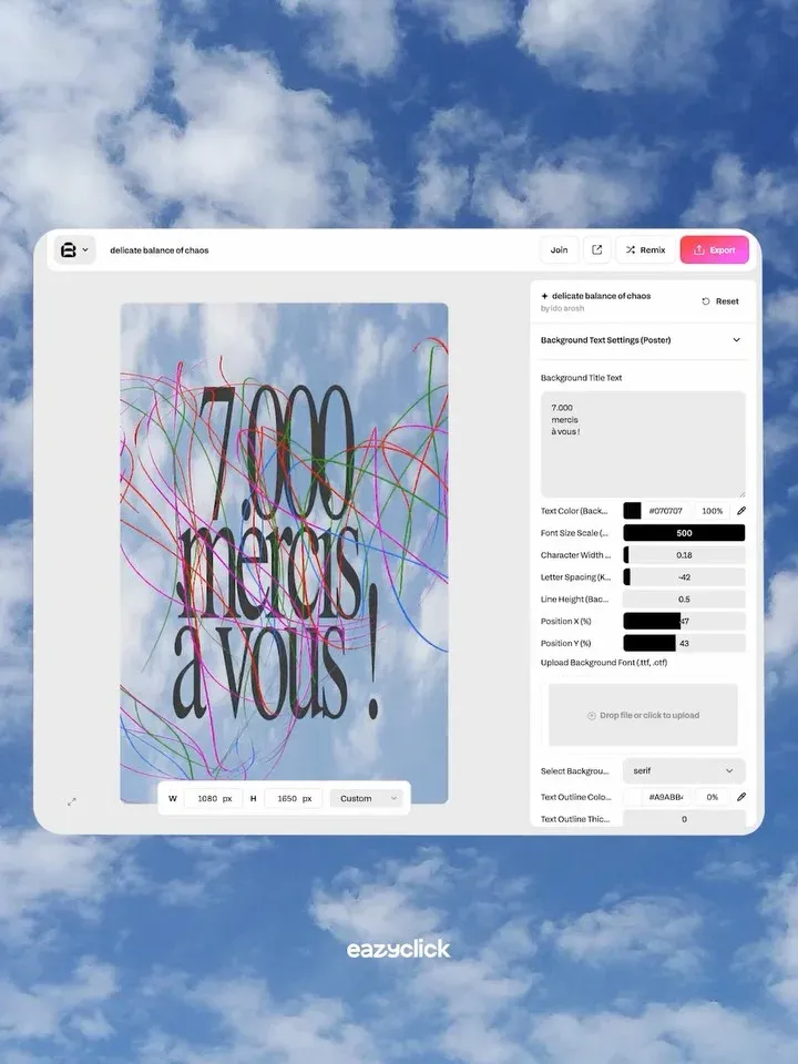 Visuel « 7 000 mercis à vous » ouvert dans un éditeur, sur fond de ciel nuageux