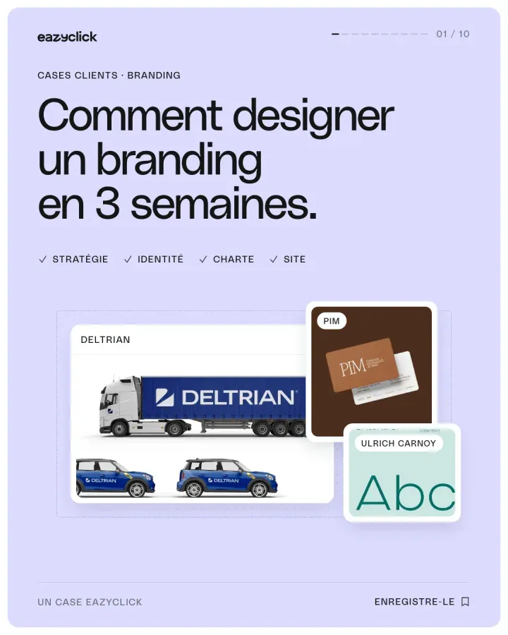 Carrousel « Comment designer un branding en 3 semaines », avec les identités Deltrian, PIM et Ulrich Carnoy