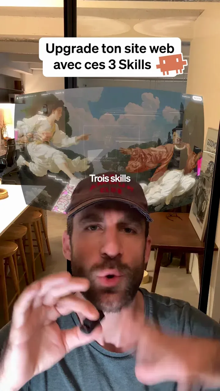 Reel « Upgrade ton site web avec ces 3 Skills », présenté face caméra devant une interface web flottante
