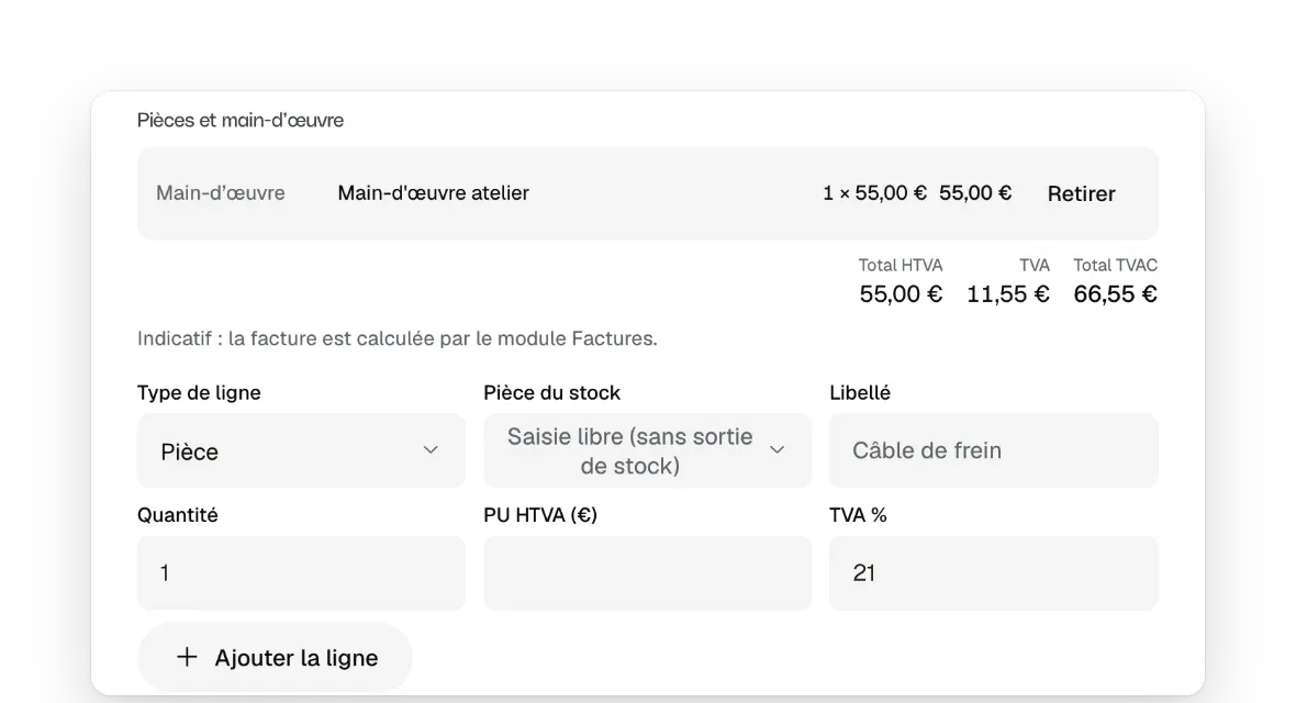 L'ajout d'une pièce ou de main-d'œuvre sur un ordre de réparation
