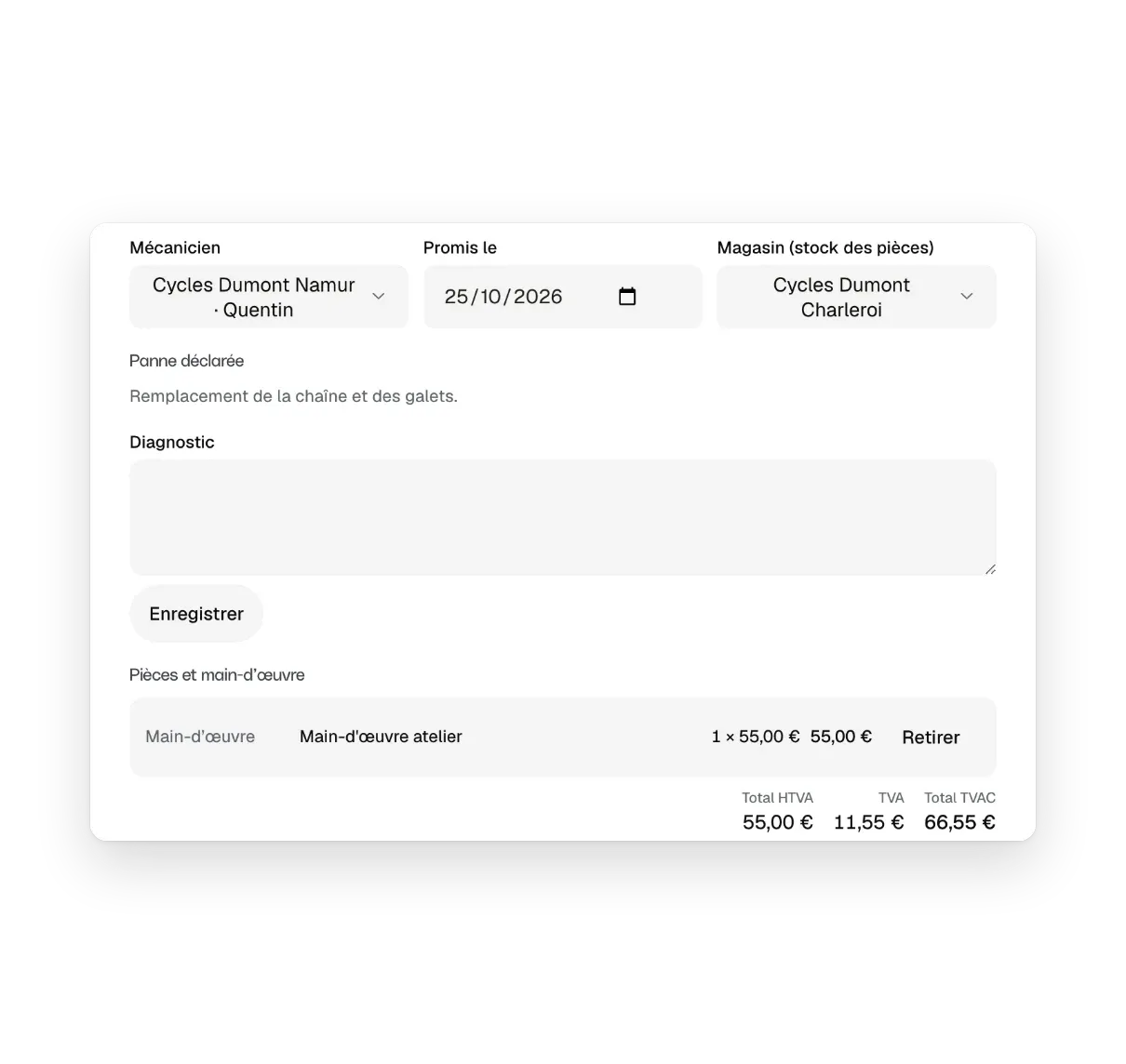 Un ordre de réparation : mécanicien, date promise, magasin dont les pièces sortent du stock