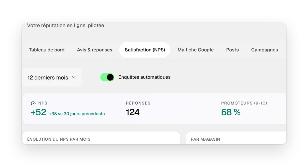 L'onglet Satisfaction, avec les enquêtes automatiques activées
