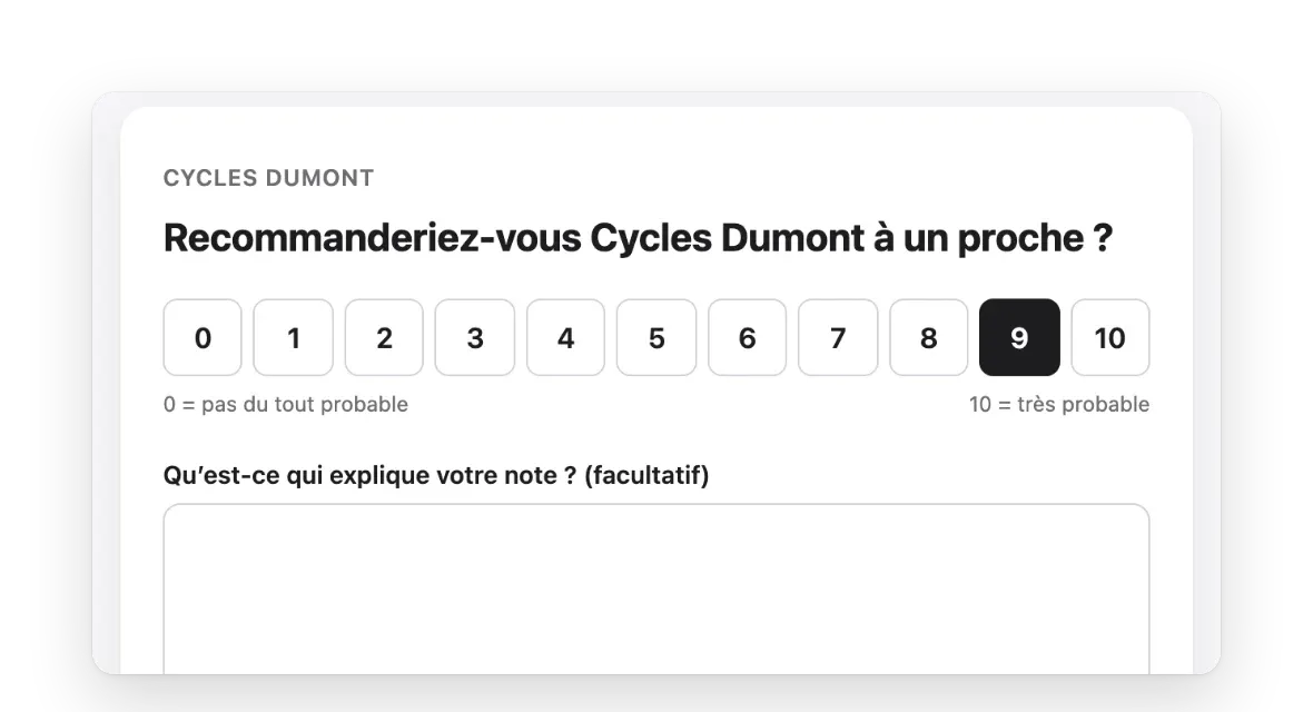 La question posée au client, avec l'échelle de 0 à 10