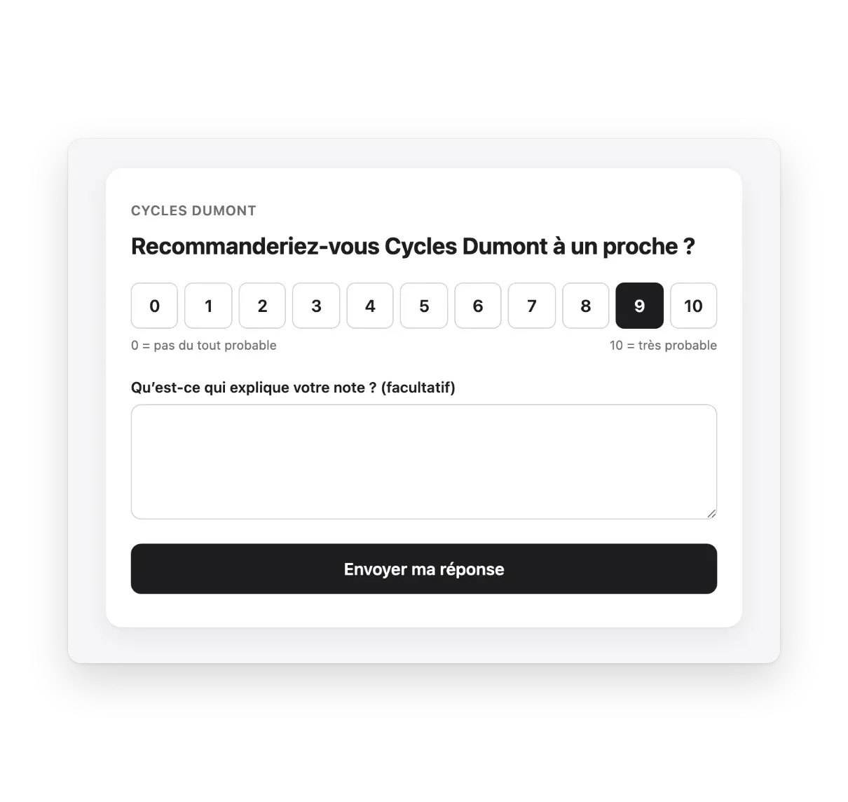 La page de réponse de l'enquête : une note de 0 à 10 et un commentaire facultatif