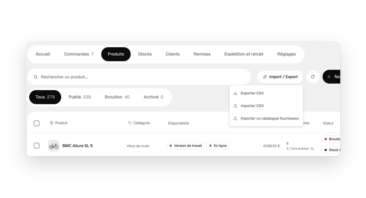 Le menu d'import du catalogue : CSV ou catalogue fournisseur