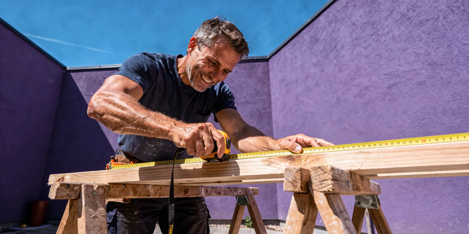 Un menuisier mesure une planche sur ses tréteaux
