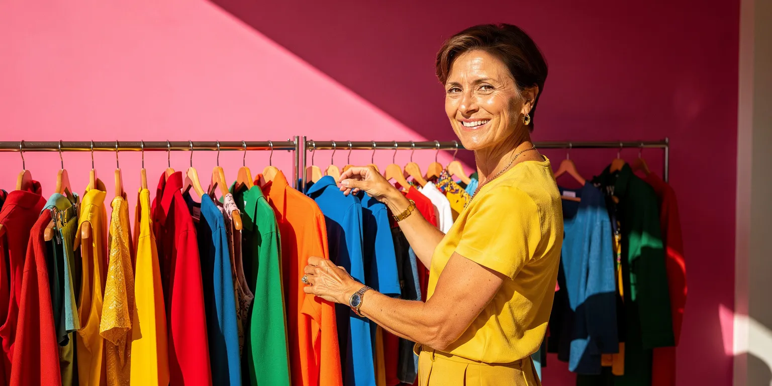 Une commerçante arrange les vêtements de sa boutique