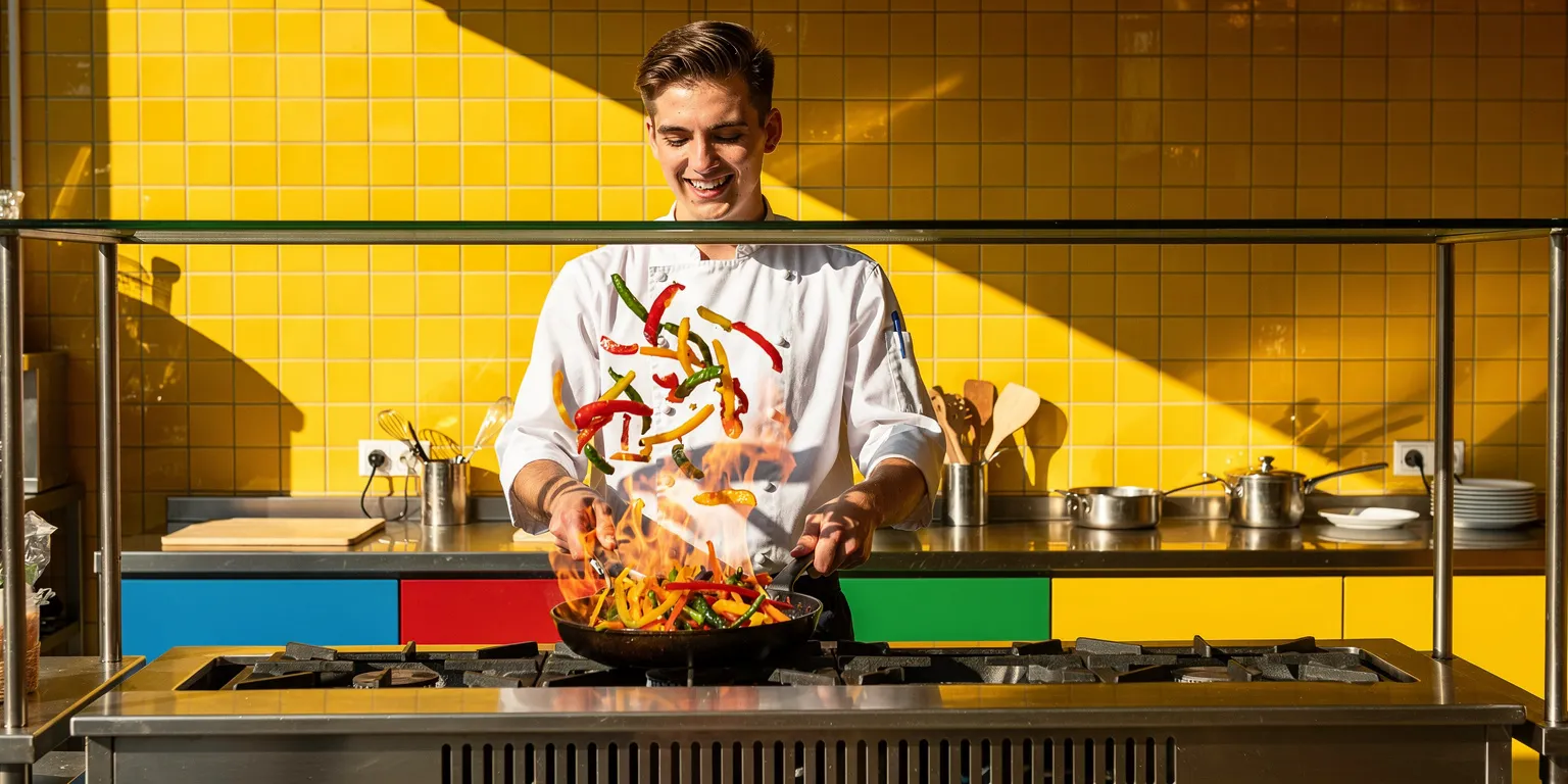 Un chef fait sauter des légumes dans sa cuisine