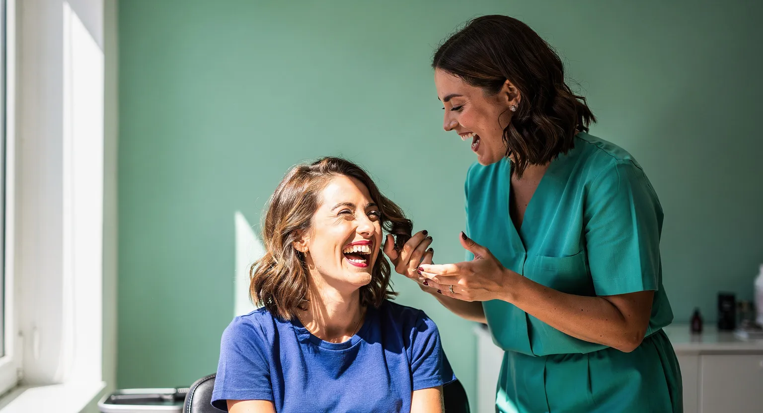 Une coiffeuse et sa cliente rient pendant un rendez-vous