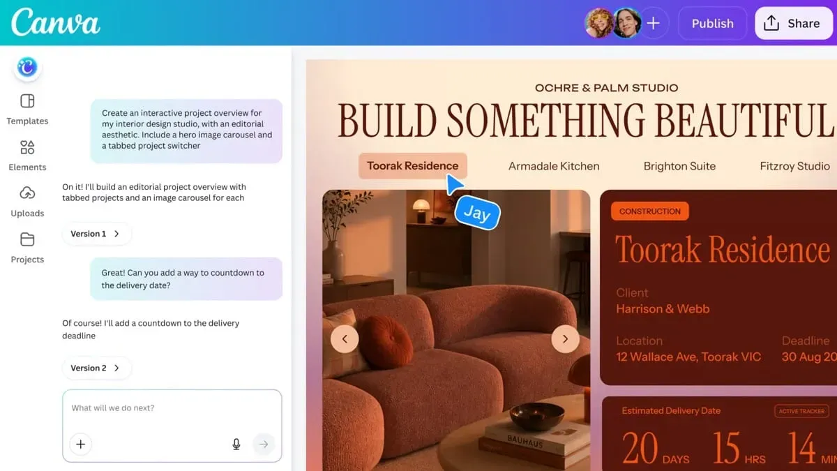 Interface de Canva Code 2.0 qui génère un site web
