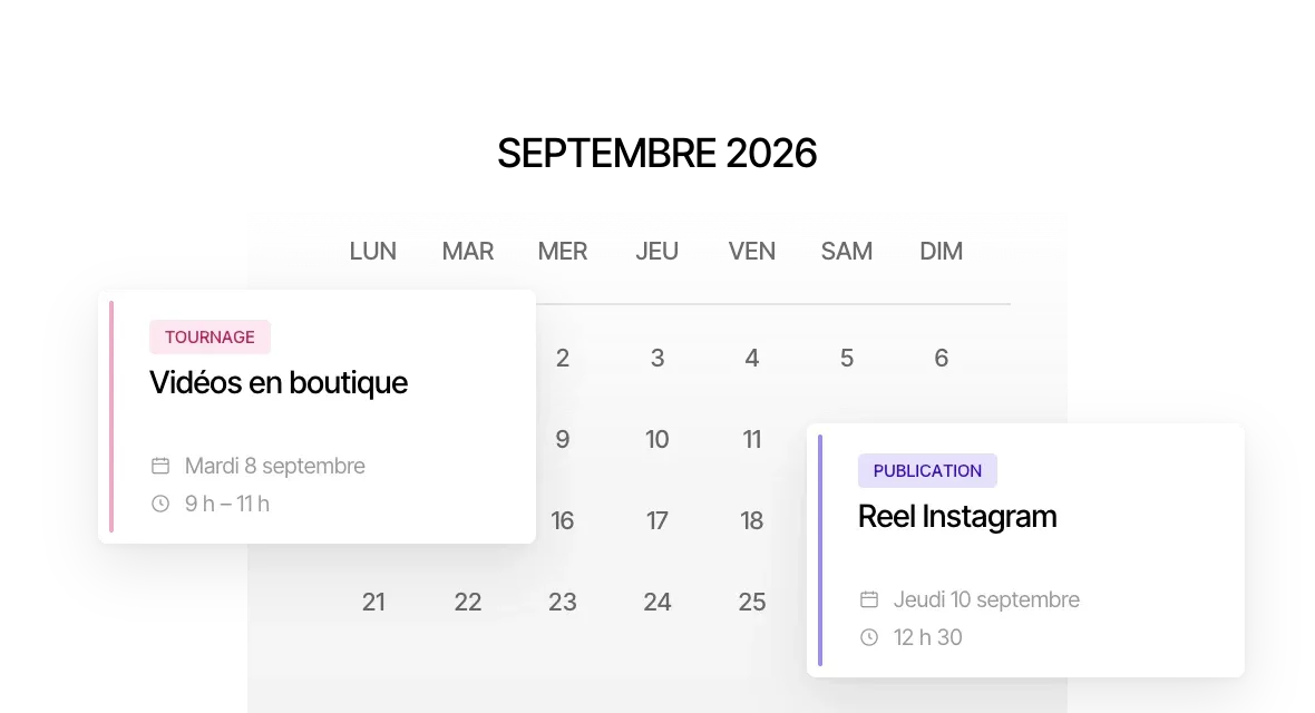 Calendrier éditorial de septembre avec un tournage et une publication planifiés