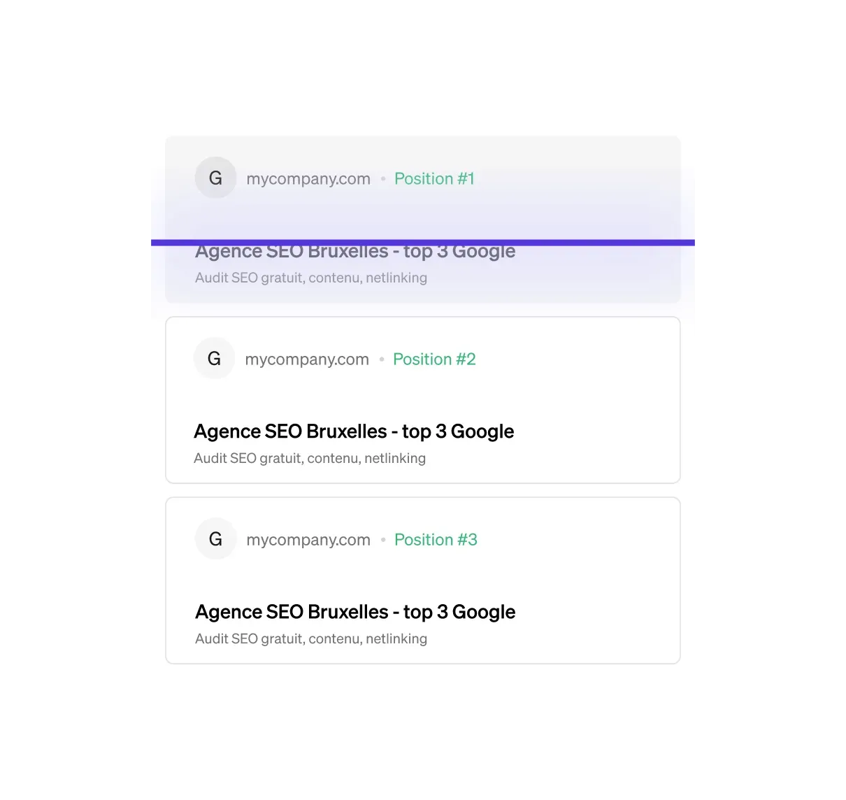 Résultats de recherche Google : trois positions pour Agence SEO Bruxelles