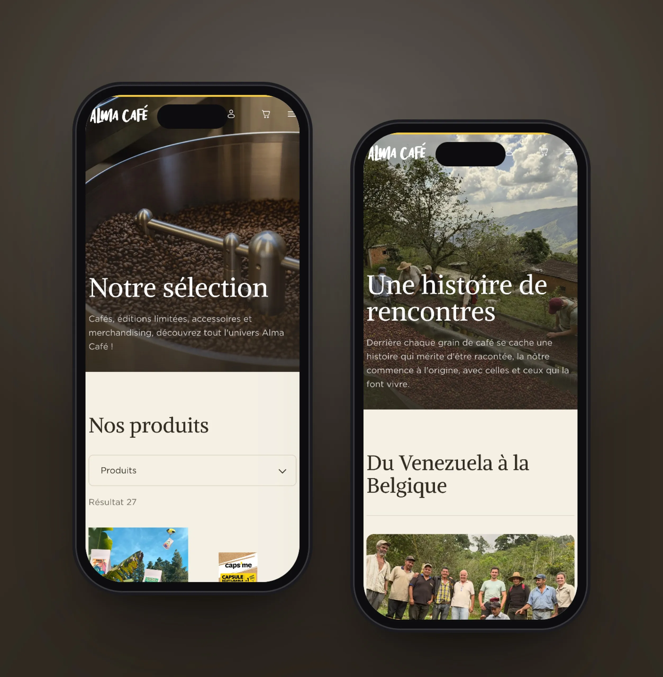Deux pages du site de Alma Café sur smartphone