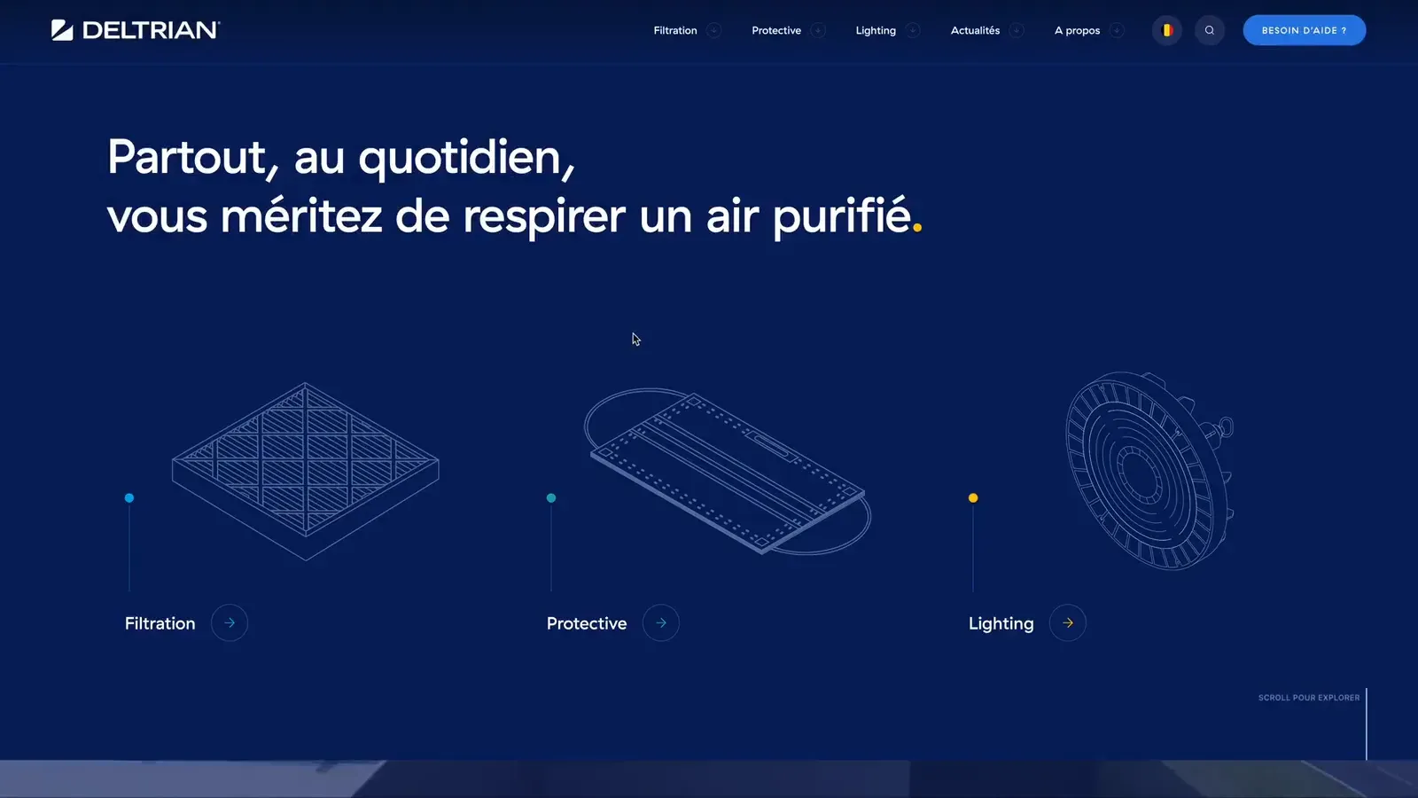 La page d'accueil du site de Deltrian : filtration, protective et lighting