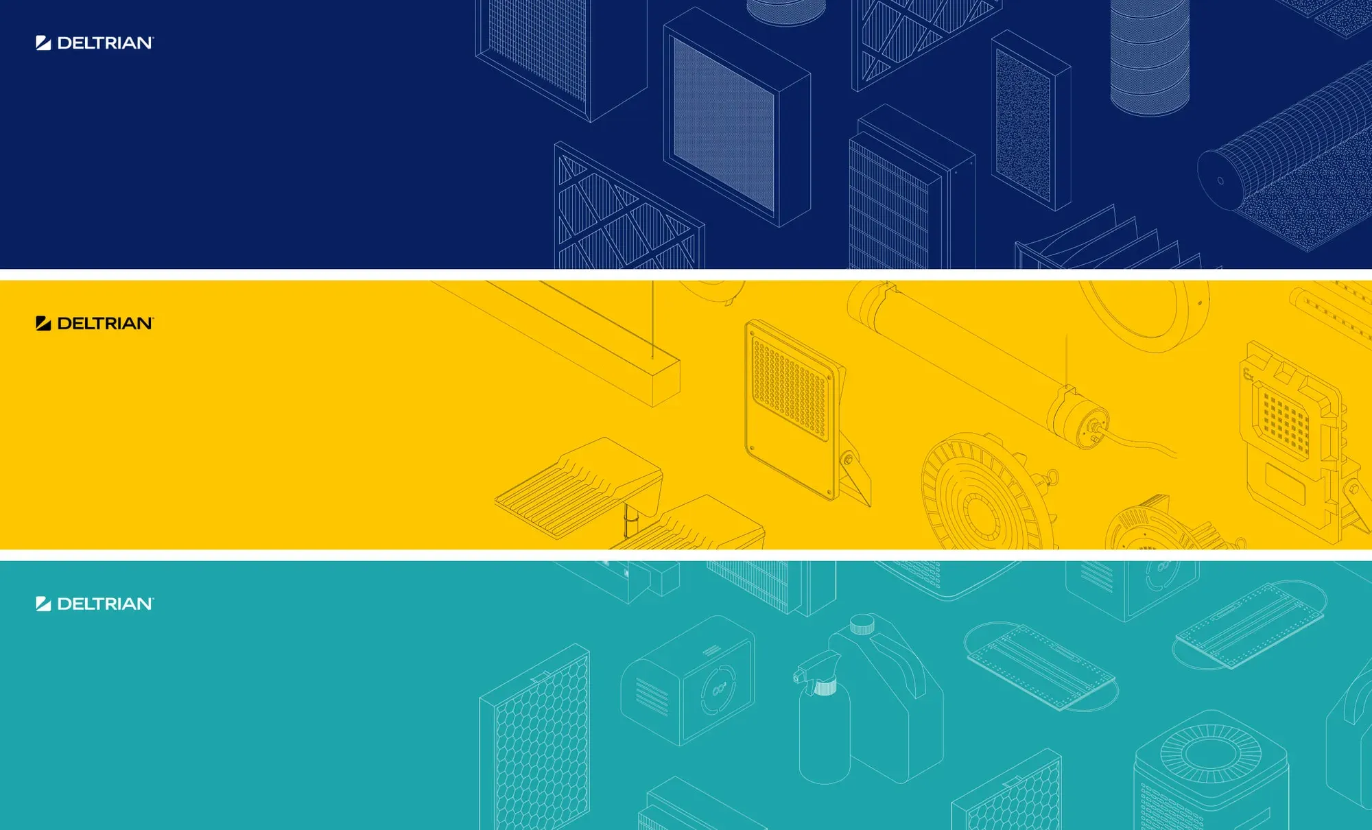 Les motifs isométriques de Deltrian en bleu marine, jaune et turquoise