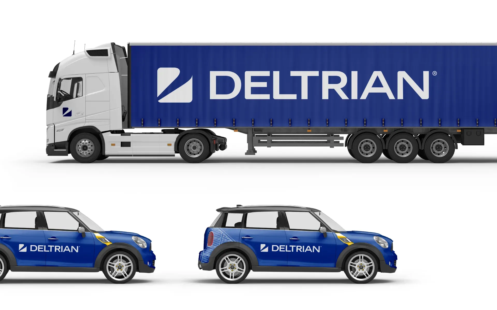 Un camion et des voitures aux couleurs de Deltrian