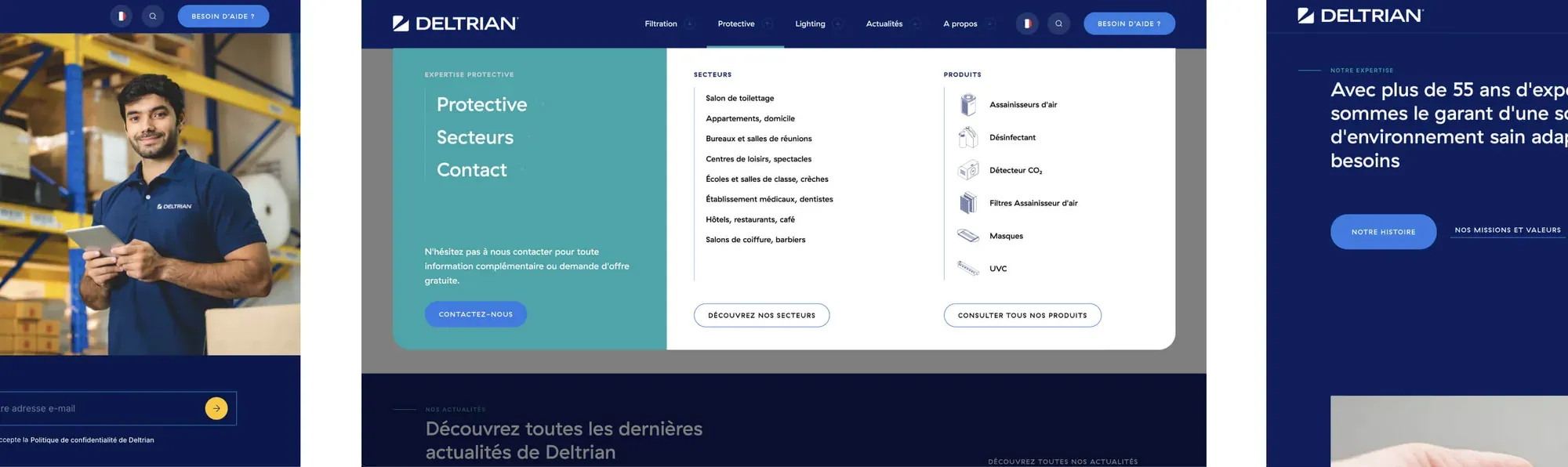 Le menu et les pages produits du site de Deltrian