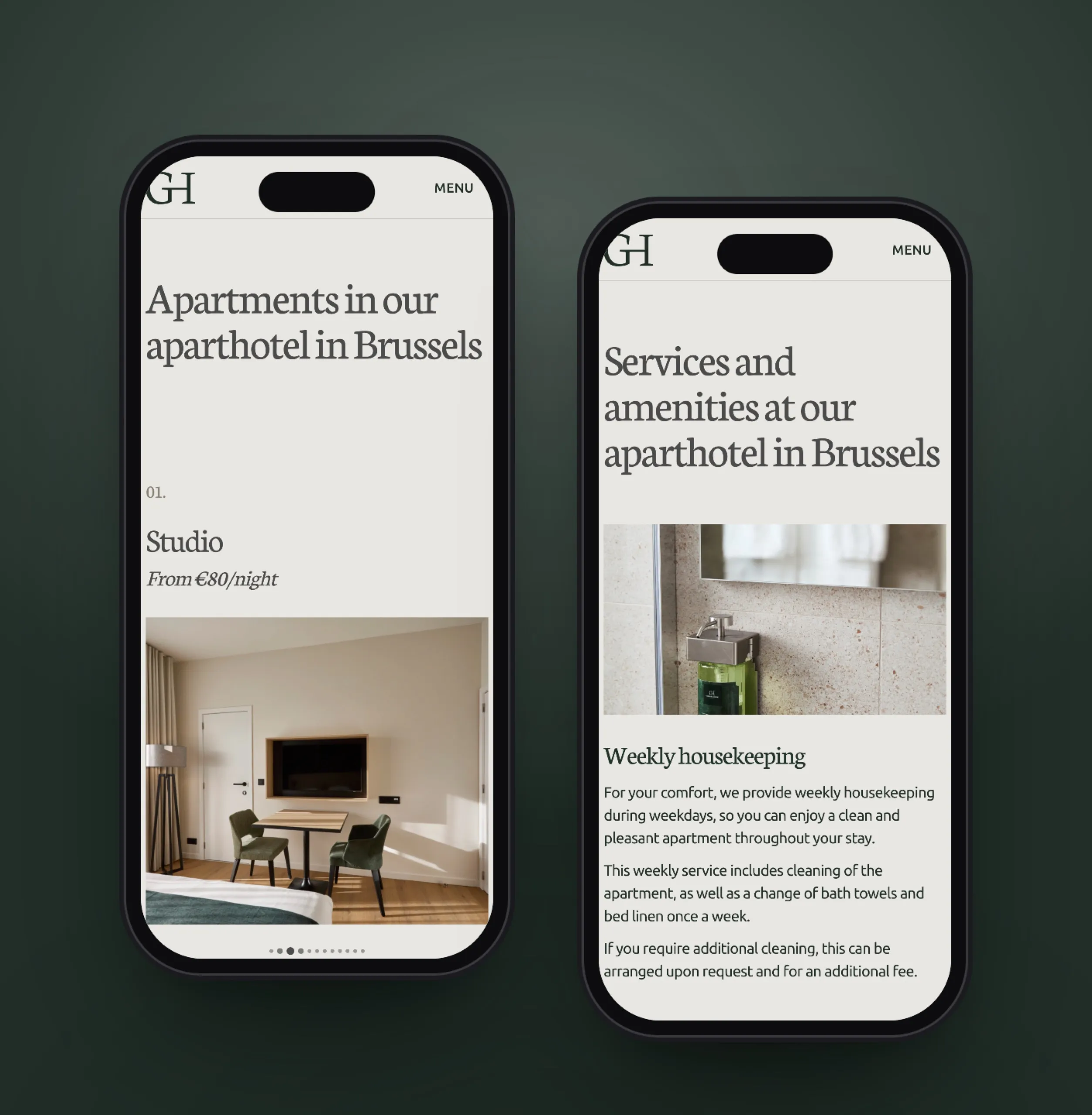 Deux pages du site de Georges Henri Aparthotel sur smartphone
