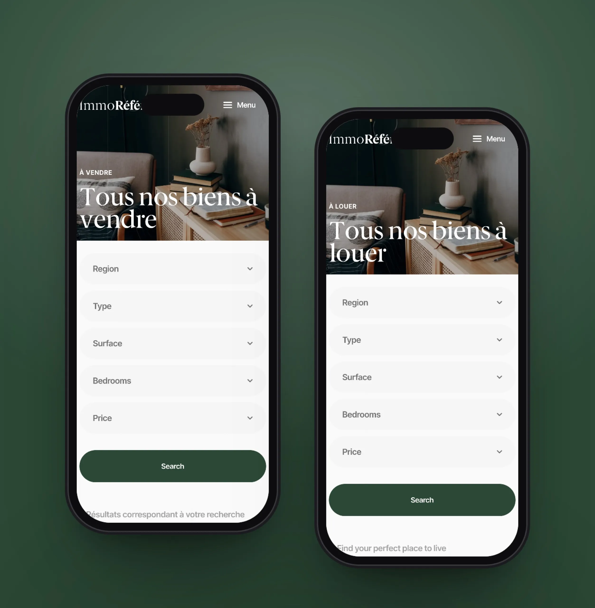 Deux pages du site de Immo Références sur smartphone