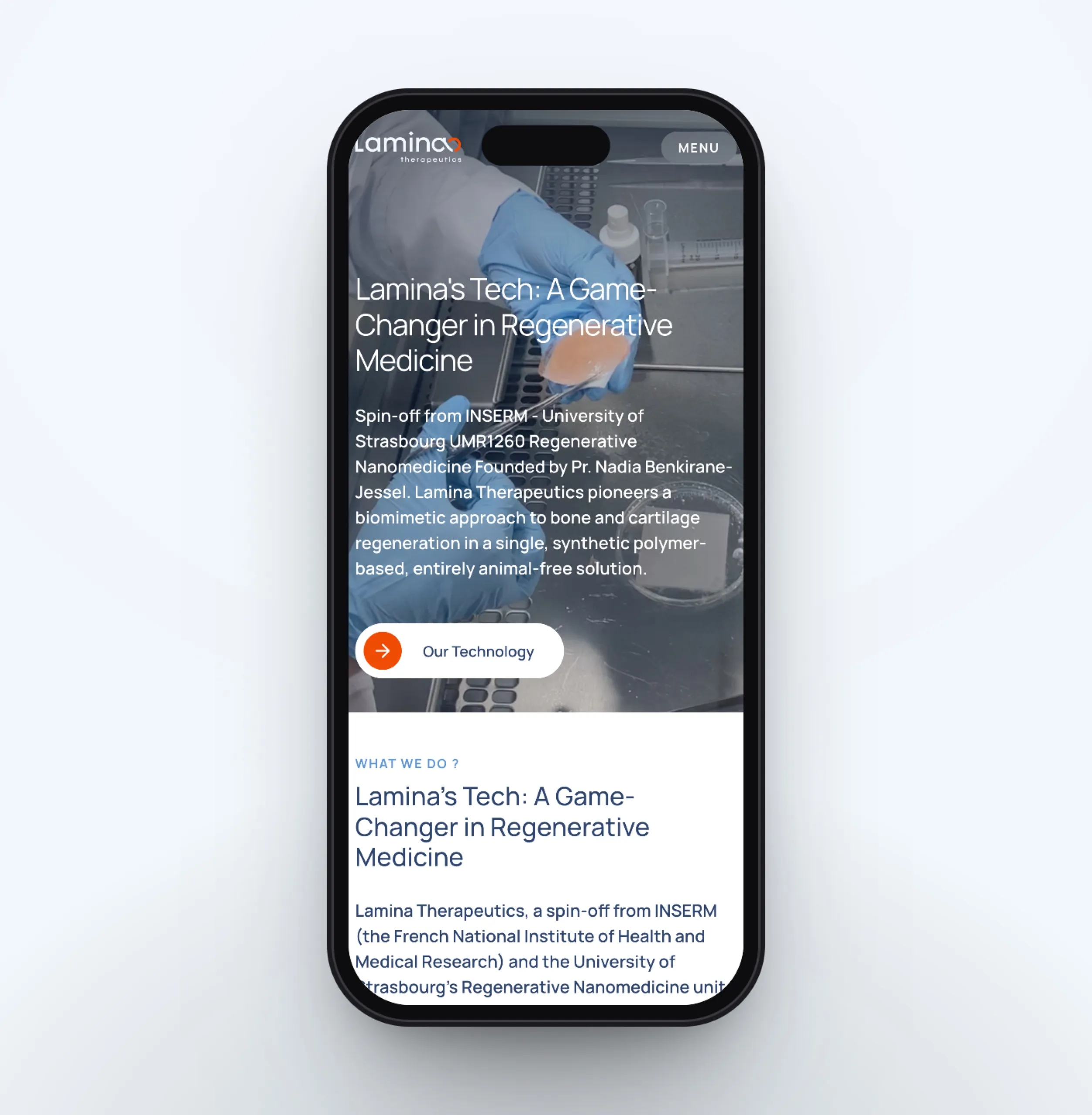 Le site de Lamina Therapeutics sur smartphone