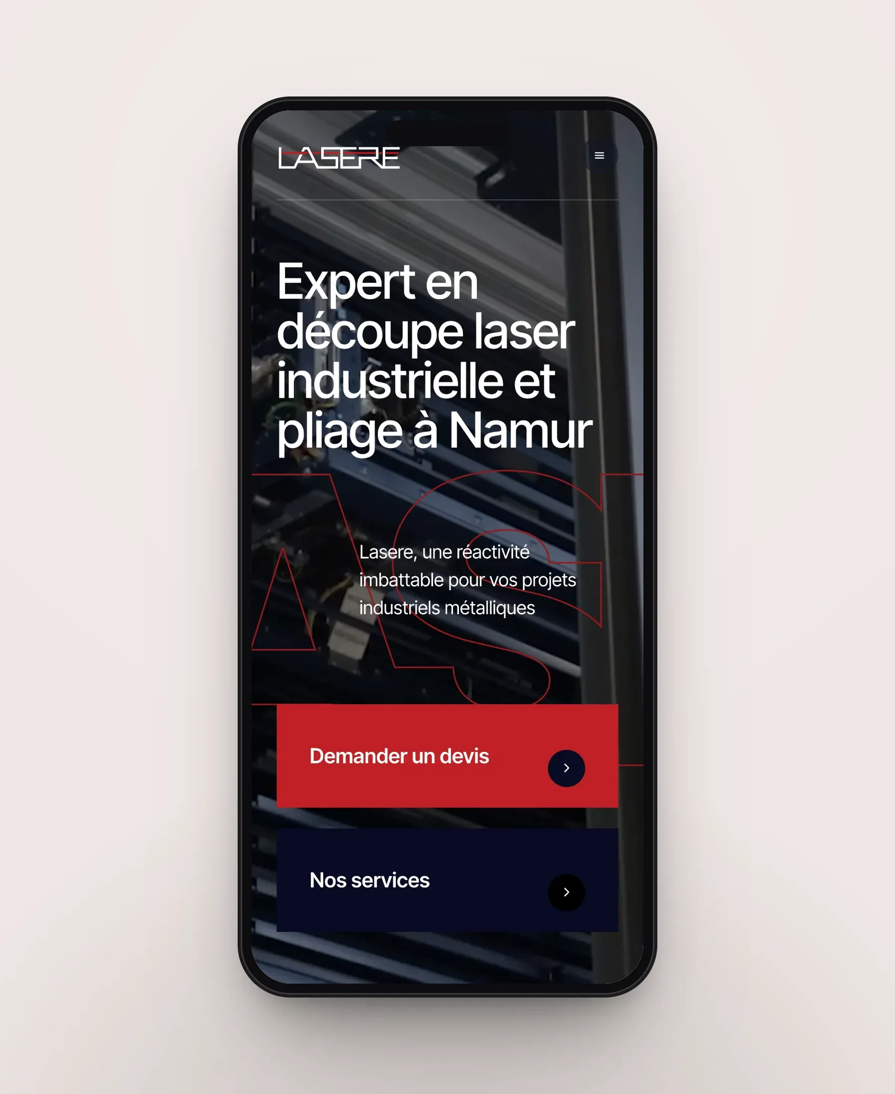 Le site de Lasere sur smartphone, écran 1
