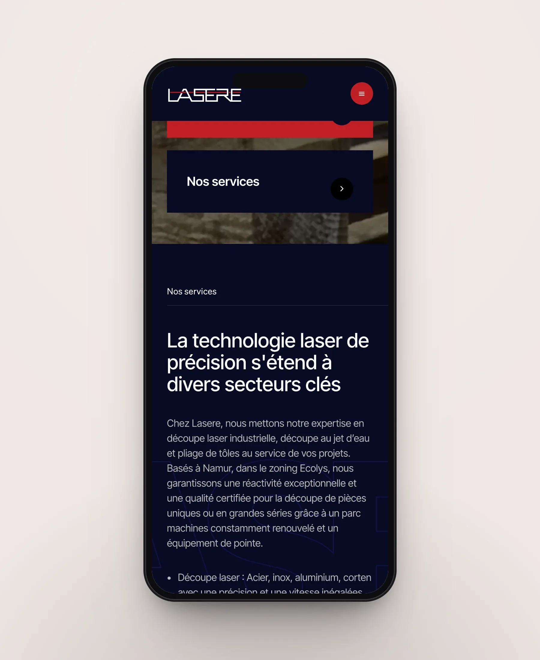 Le site de Lasere sur smartphone, écran 2