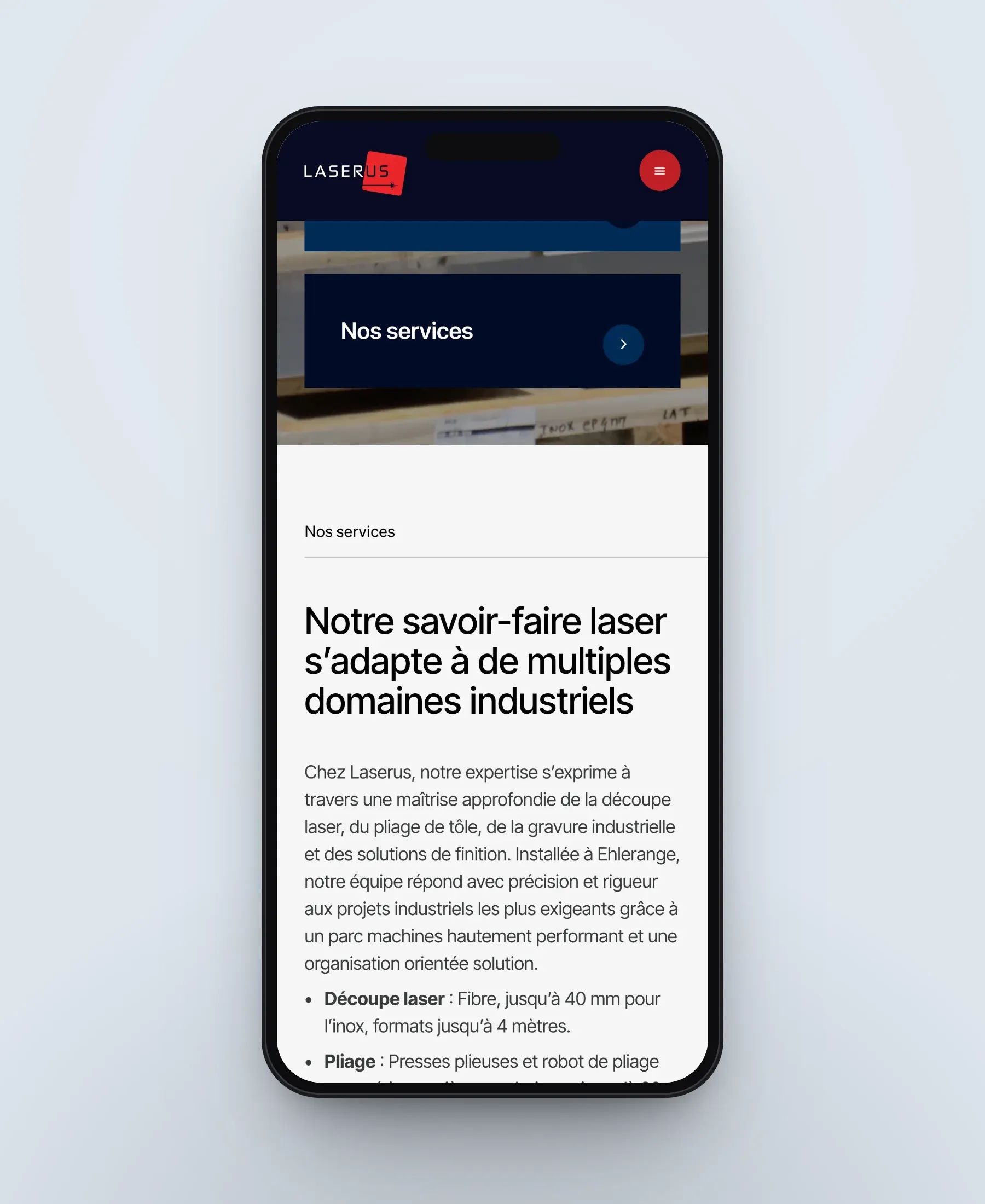 Le site de Laserus sur smartphone, écran 2