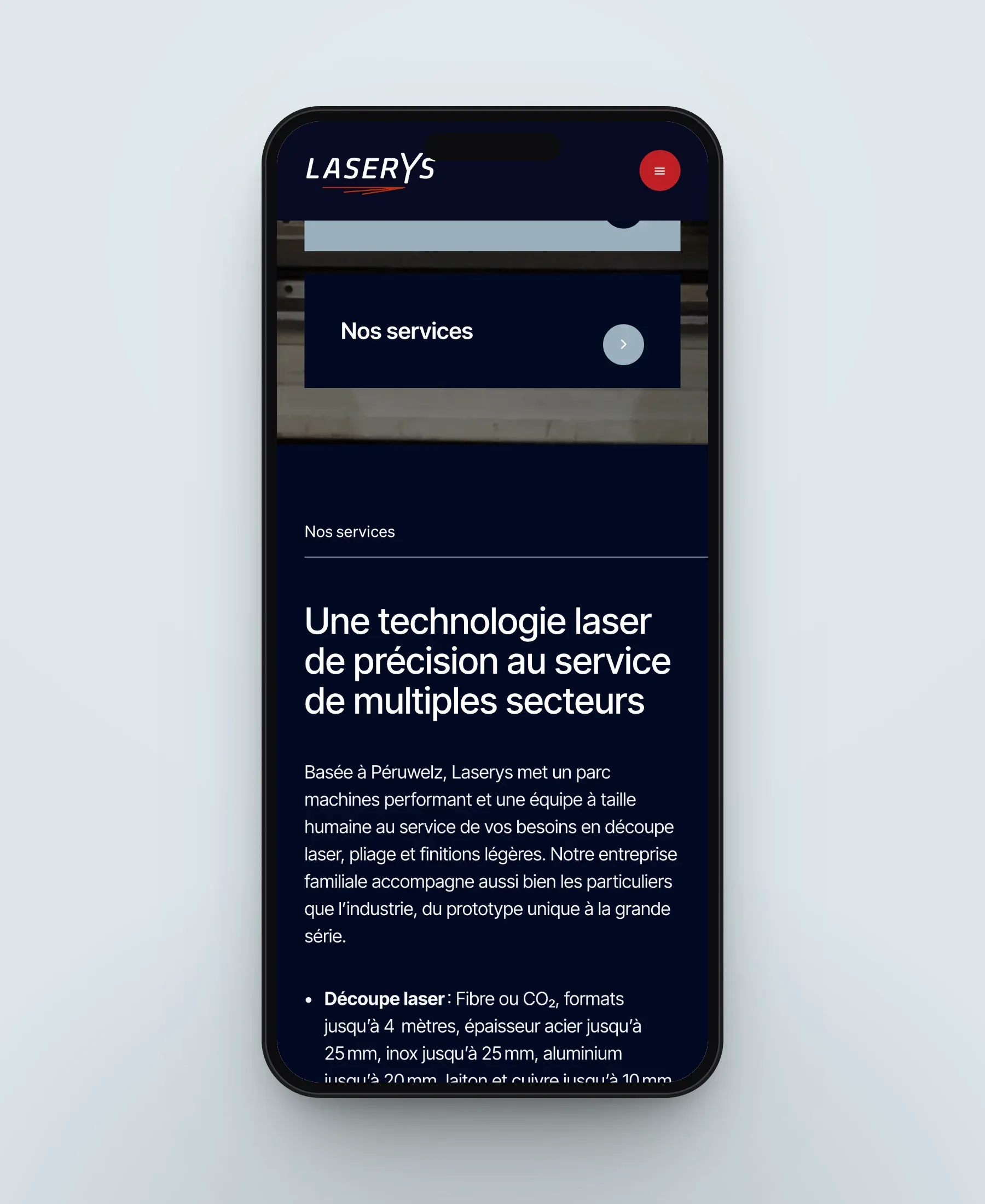 Le site de Laserys sur smartphone, écran 2