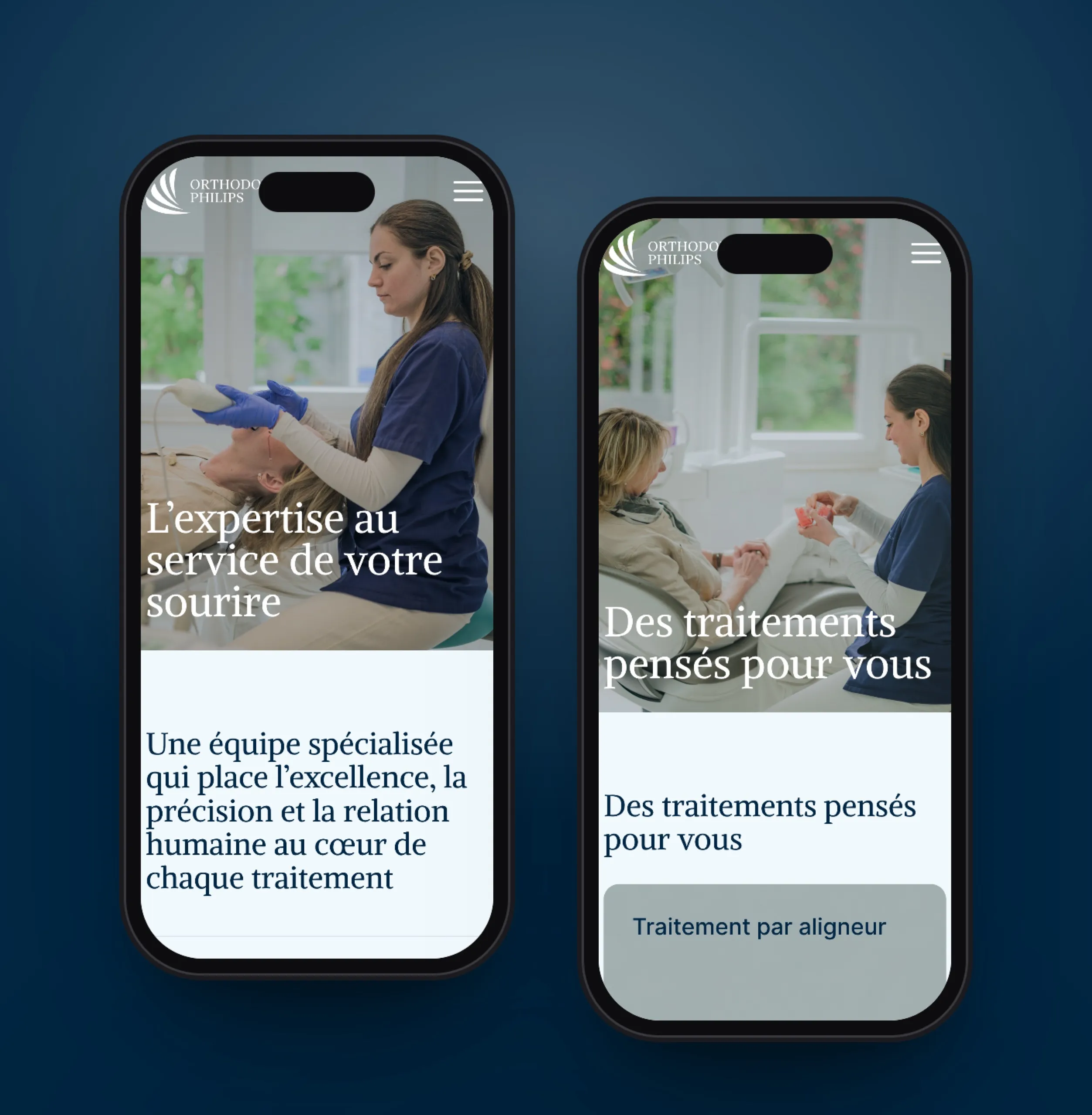 Deux pages du site de Orthodontie Philips sur smartphone