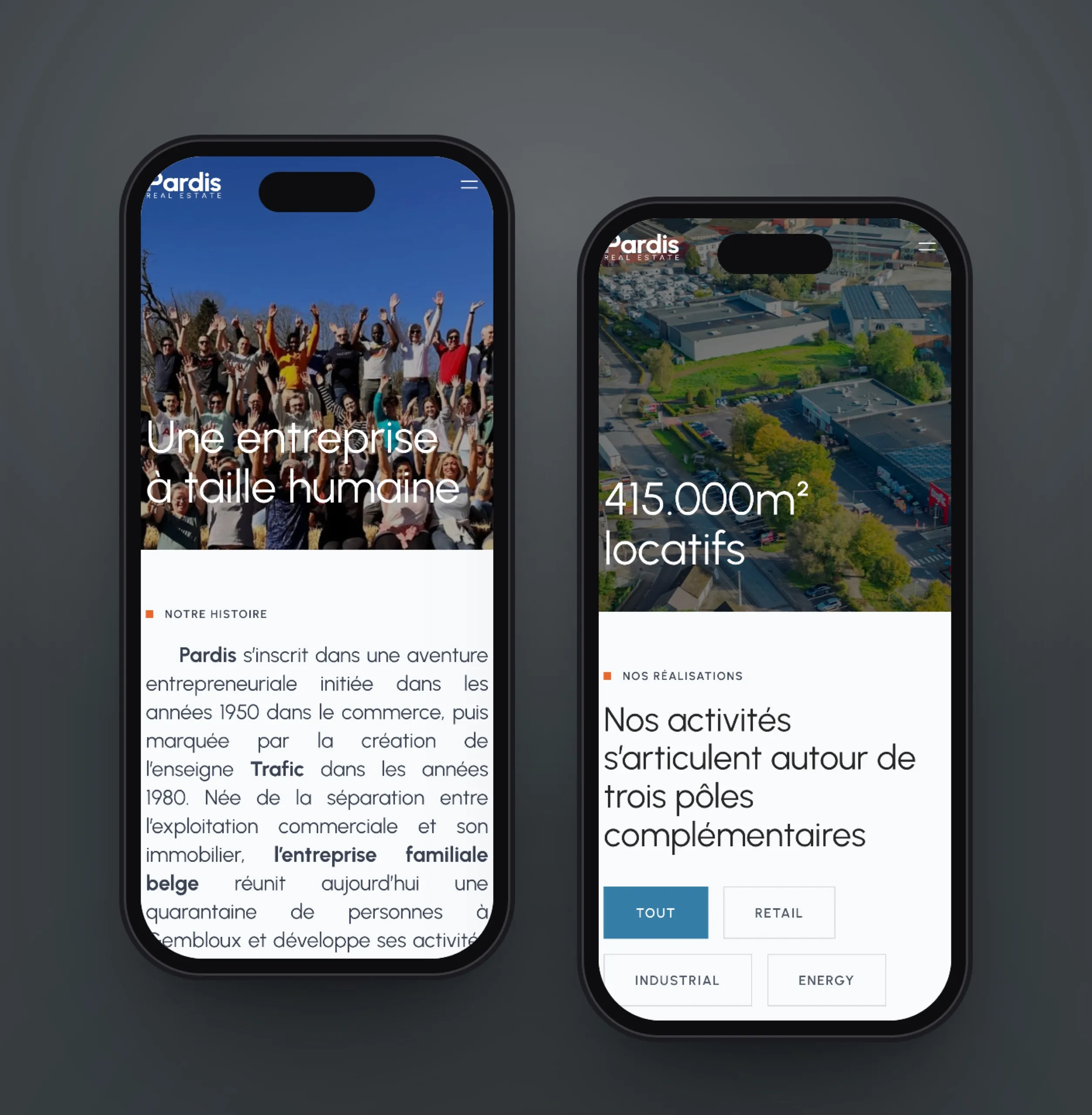 Deux pages du site de Pardis Real Estate sur smartphone