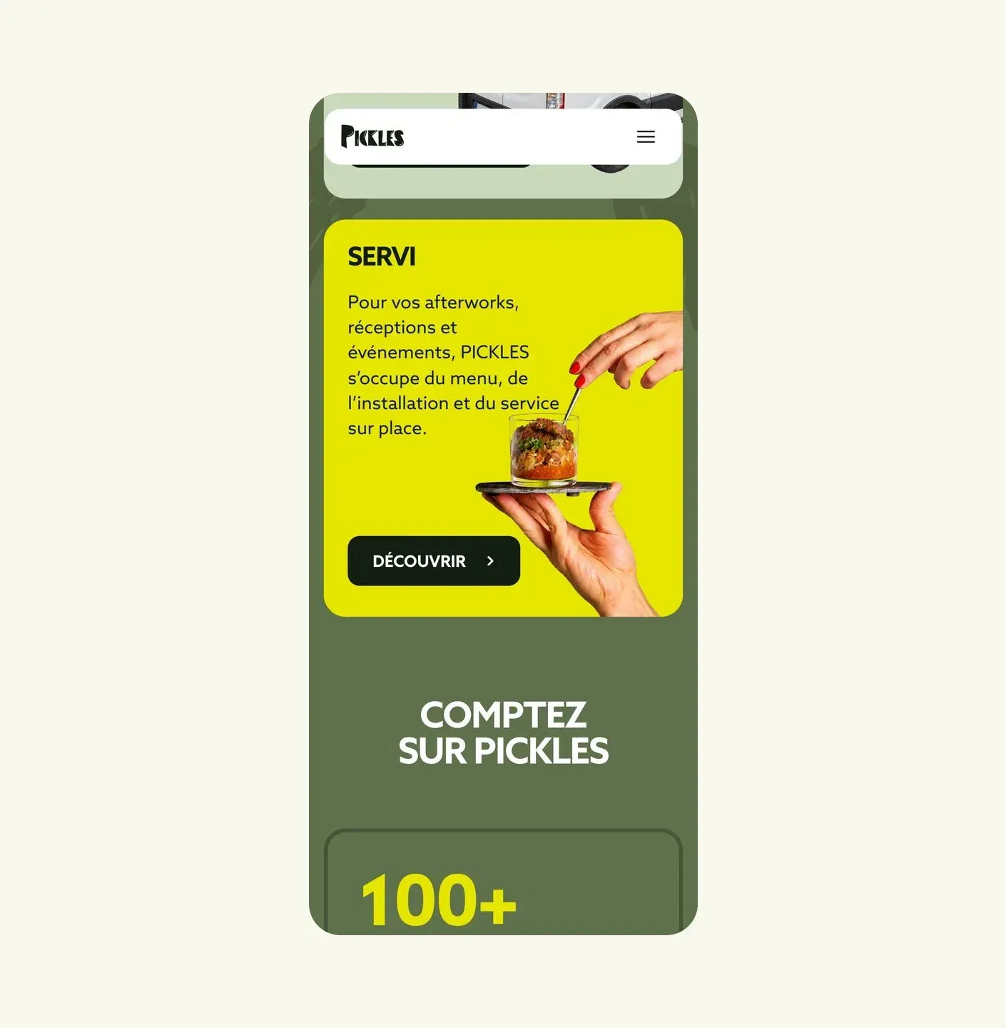 Formule servie présentée sur le site de Pickles sur mobile
