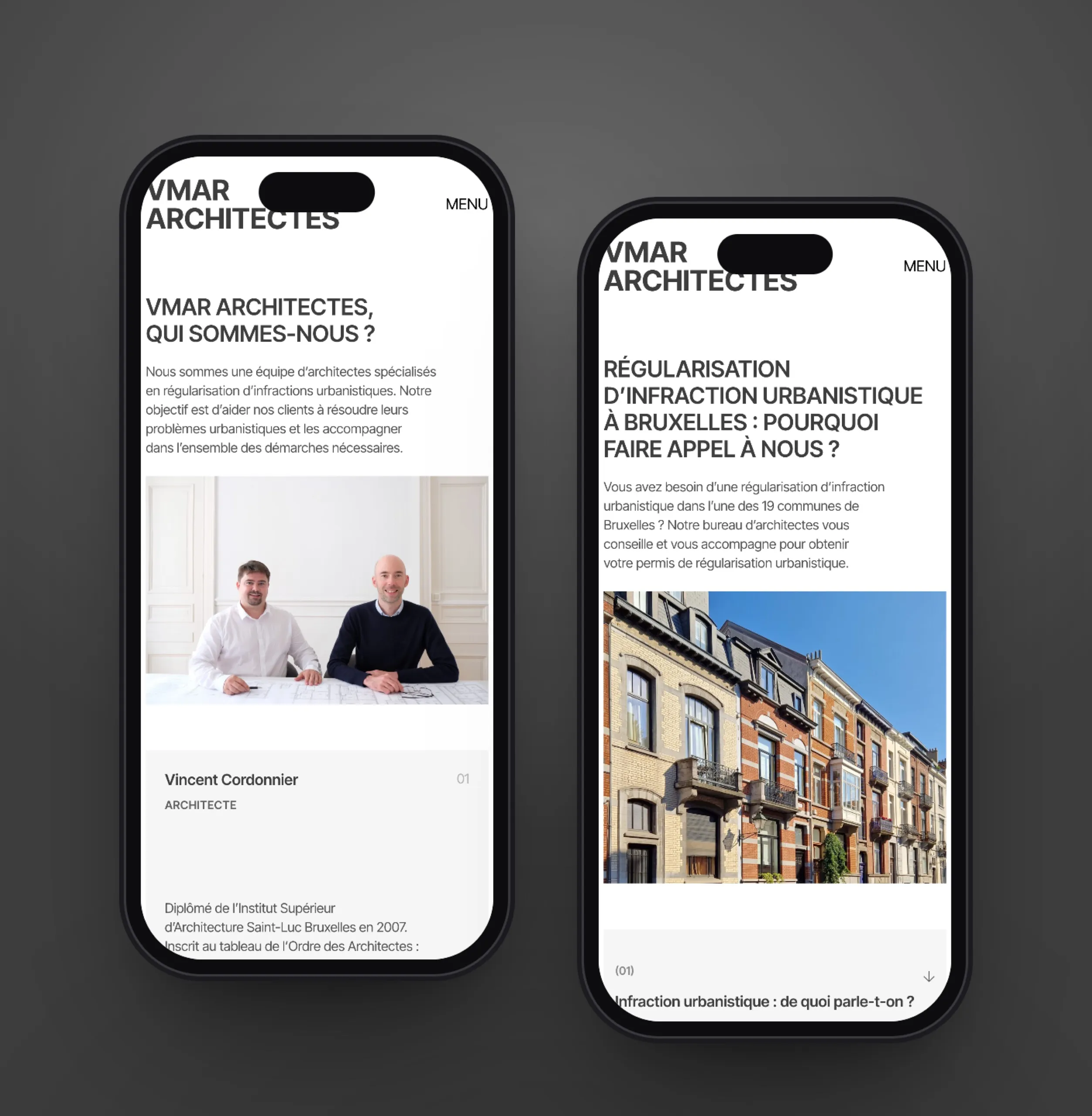 Deux pages du site de VMAR Architectes sur smartphone