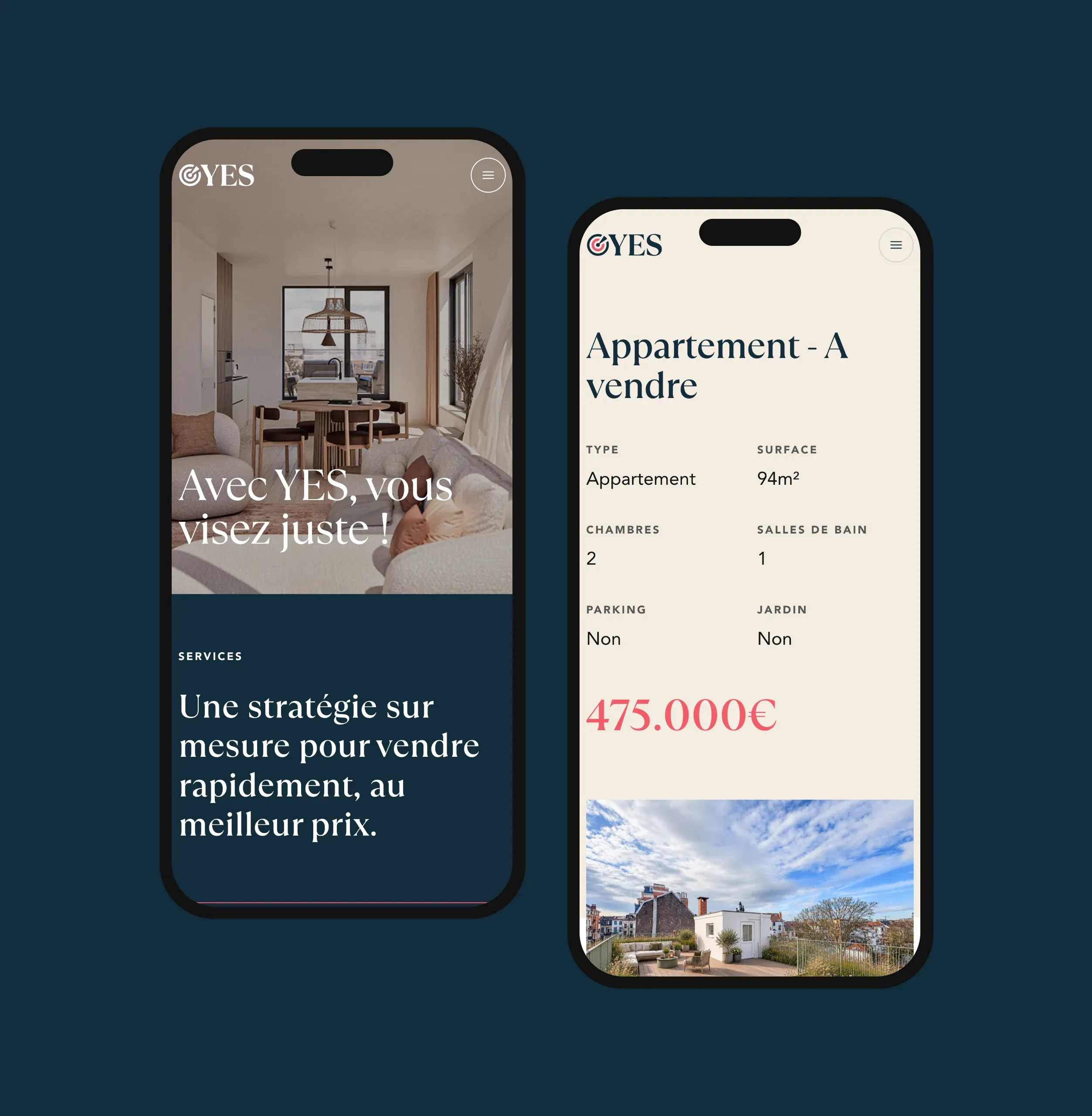 Deux pages du site de YES Properties sur mobile